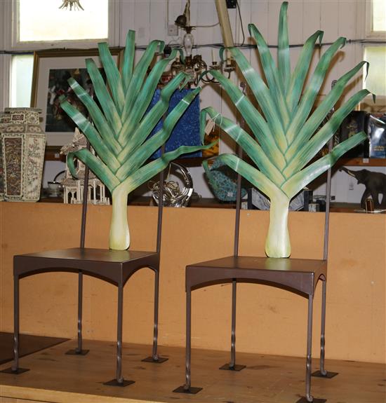 Pair of modern painted metal Leek-back chairs